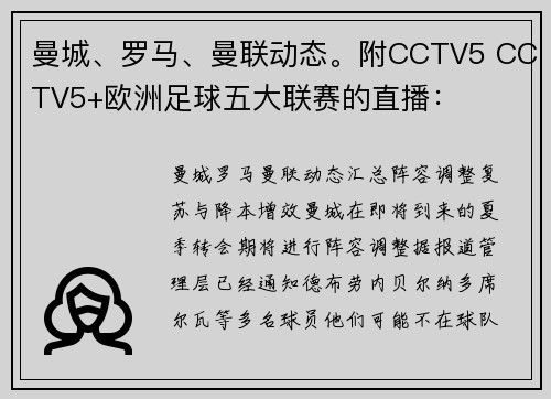 曼城、罗马、曼联动态。附CCTV5 CCTV5+欧洲足球五大联赛的直播：